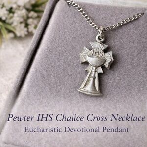 Pewter Religious Cross Pendant Necklace with IHS Chalice NWT in Box